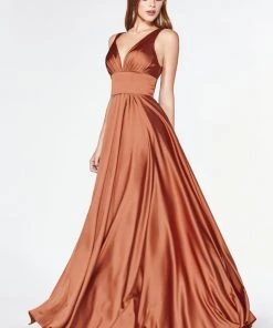 Long Satin V-Neck Dress With Slit By Cinderella Divine 7469 Prom