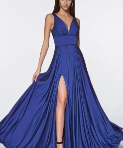 Prom Long Satin V-Neck Dress With Slit By Cinderella Divine 7469