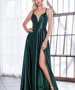 Prom Long Satin V-Neck Dress With Slit By Cinderella Divine CD903