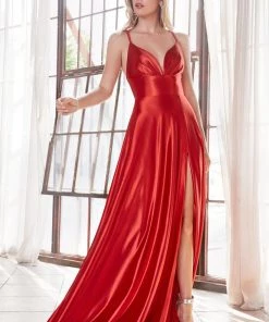 Prom Long Satin V-Neck Dress With Slit By Cinderella Divine CD903
