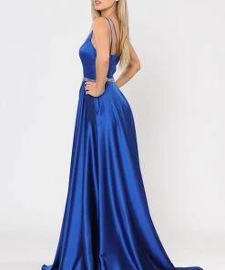 Long Satin V-Neck Dress With Short Skirt By Poly USA 8604