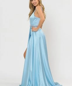 Long Satin V-Neck Dress With Short Skirt By Poly USA 8604