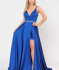 Long Satin V-Neck Dress With Short Skirt By Poly USA 8604