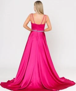 Long Satin V-Neck Dress With Short Skirt By Poly USA 8604