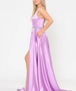 Long Satin V-Neck Dress With Short Skirt By Poly USA 8604