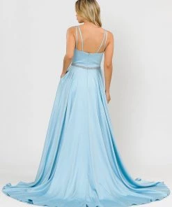 Long Satin V-Neck Dress With Short Skirt By Poly USA 8604