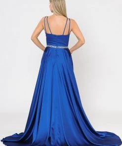 Long Satin V-Neck Dress With Short Skirt By Poly USA 8604