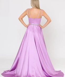 Long Satin V-Neck Dress With Short Skirt By Poly USA 8604