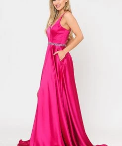 Long Satin V-Neck Dress With Short Skirt By Poly USA 8604