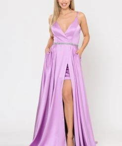 Long Satin V-Neck Dress With Short Skirt By Poly USA 8604