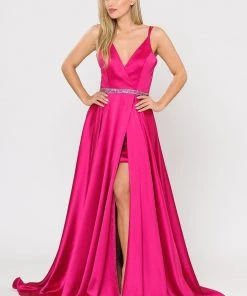 Long Satin V-Neck Dress With Short Skirt By Poly USA 8604