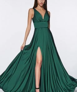 Long Satin V-Neck Dress With Slit By Cinderella Divine 7469 Prom 43 Long Satin V-Neck Dress With Slit By Cinderella Divine 7469 Prom