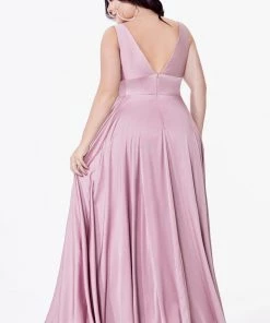 Long Satin V-Neck Dress With Slit By Cinderella Divine 7469 Prom