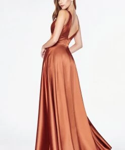 Long Satin V-Neck Dress With Slit By Cinderella Divine 7469 Prom