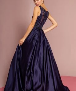 Long Scoop Neck Dress With Embroidered Sheer Back By Elizabeth K GL2531