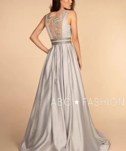 Long Scoop Neck Dress With Embroidered Sheer Back By Elizabeth K GL2531