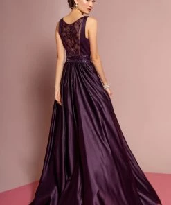 Long Scoop Neck Dress With Embroidered Sheer Back By Elizabeth K GL2531