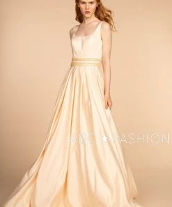 Long Scoop Neck Dress With Embroidered Sheer Back By Elizabeth K GL2531