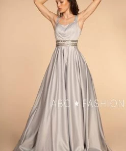 Long Scoop Neck Dress With Embroidered Sheer Back By Elizabeth K GL2531