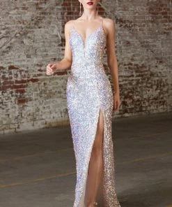 Long Sequin Dress With Lace-Up Back By Cinderella Divine CD175