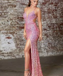 Long Sequin Dress With Lace-Up Back By Cinderella Divine CD175