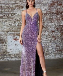 Long Sequin Dress With Lace-Up Back By Cinderella Divine CD175