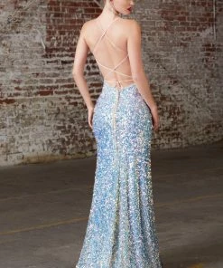 Long Sequin Dress With Lace-Up Back By Cinderella Divine CD175