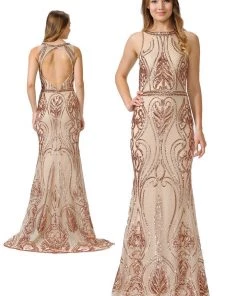 Long Sequin Embroidered Dress With Back Cut Out By Poly USA 8438 Prom