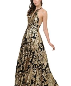 Long Sequin Pattern High-Neck Dress By Poly USA 8332