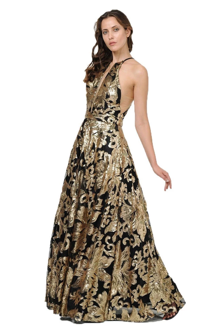 Long Sequin Pattern High-Neck Dress By Poly USA 8332 4 Long Sequin Pattern High-Neck Dress By Poly USA 8332