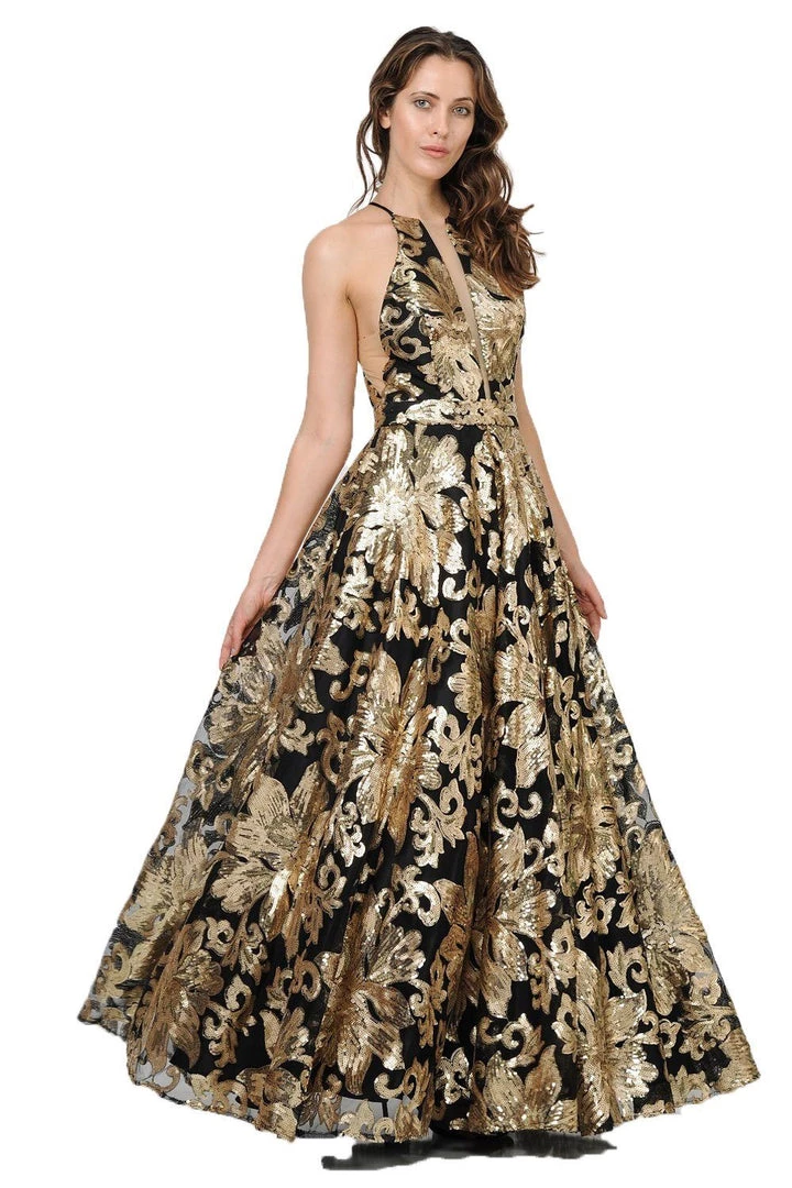 Long Sequin Pattern High-Neck Dress By Poly USA 8332 3 Long Sequin Pattern High-Neck Dress By Poly USA 8332