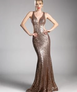 Long Open Back Sequin Dress By Cinderella Divine CR815 Prom