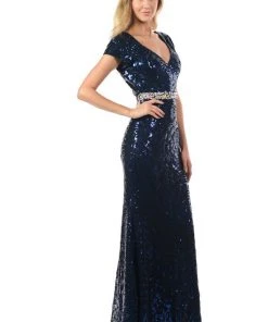 Long Sequined Dress With Short Sleeves By Lenovia 5153 Prom