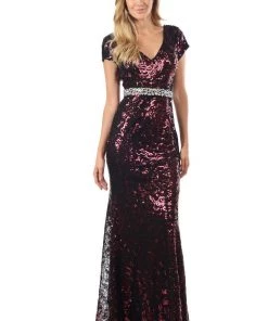 Long Sequined Dress With Short Sleeves By Lenovia 5153 Prom