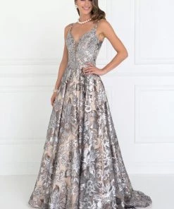 Long Sequined Silver V-Neck Dress By Elizabeth K GL1511 Prom