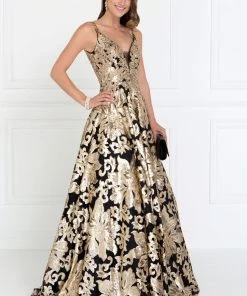 Long Sequined Silver V-Neck Dress By Elizabeth K GL1511 Prom