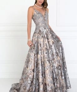 Long Sequined Silver V-Neck Dress By Elizabeth K GL1511 Prom