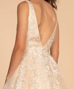 Elizabeth K Prom Long Sheer V-Neck Dress With Floral Embroidery By GLS Gloria GL2529