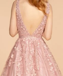 Elizabeth K Prom Long Sheer V-Neck Dress With Floral Embroidery By GLS Gloria GL2529