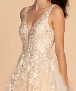 Elizabeth K Prom Long Sheer V-Neck Dress With Floral Embroidery By GLS Gloria GL2529