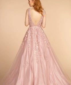 Elizabeth K Prom Long Sheer V-Neck Dress With Floral Embroidery By GLS Gloria GL2529