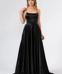Prom Long Shiny Satin Dress With Open Corset Back By Poly USA 9044