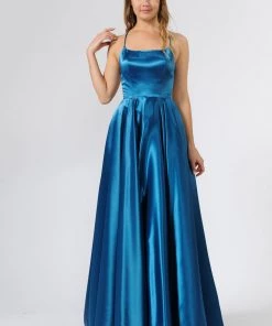Prom Long Shiny Satin Dress With Open Corset Back By Poly USA 9044
