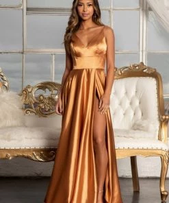 Prom Long Shiny Satin V-Neck Dress By Elizabeth K GL1991