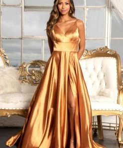 Prom Long Shiny Satin V-Neck Dress By Elizabeth K GL1991
