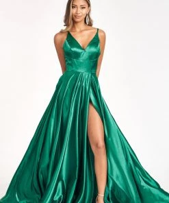 Prom Long Shiny Satin V-Neck Dress By Elizabeth K GL1991