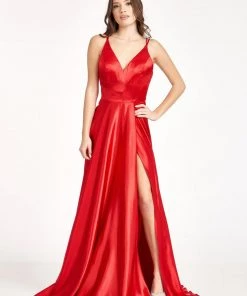 Prom Long Shiny Satin V-Neck Dress By Elizabeth K GL1991