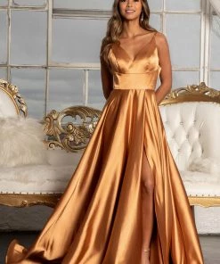Prom Long Shiny Satin V-Neck Dress By Elizabeth K GL1991