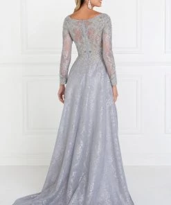 Long Silver Lace Dress With Lace Sleeves By Elizabeth K GL1537 Prom
