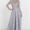 Long Silver Lace Dress With Lace Sleeves By Elizabeth K GL1537 Prom 1 Long Silver Lace Dress With Lace Sleeves By Elizabeth K GL1537 Prom